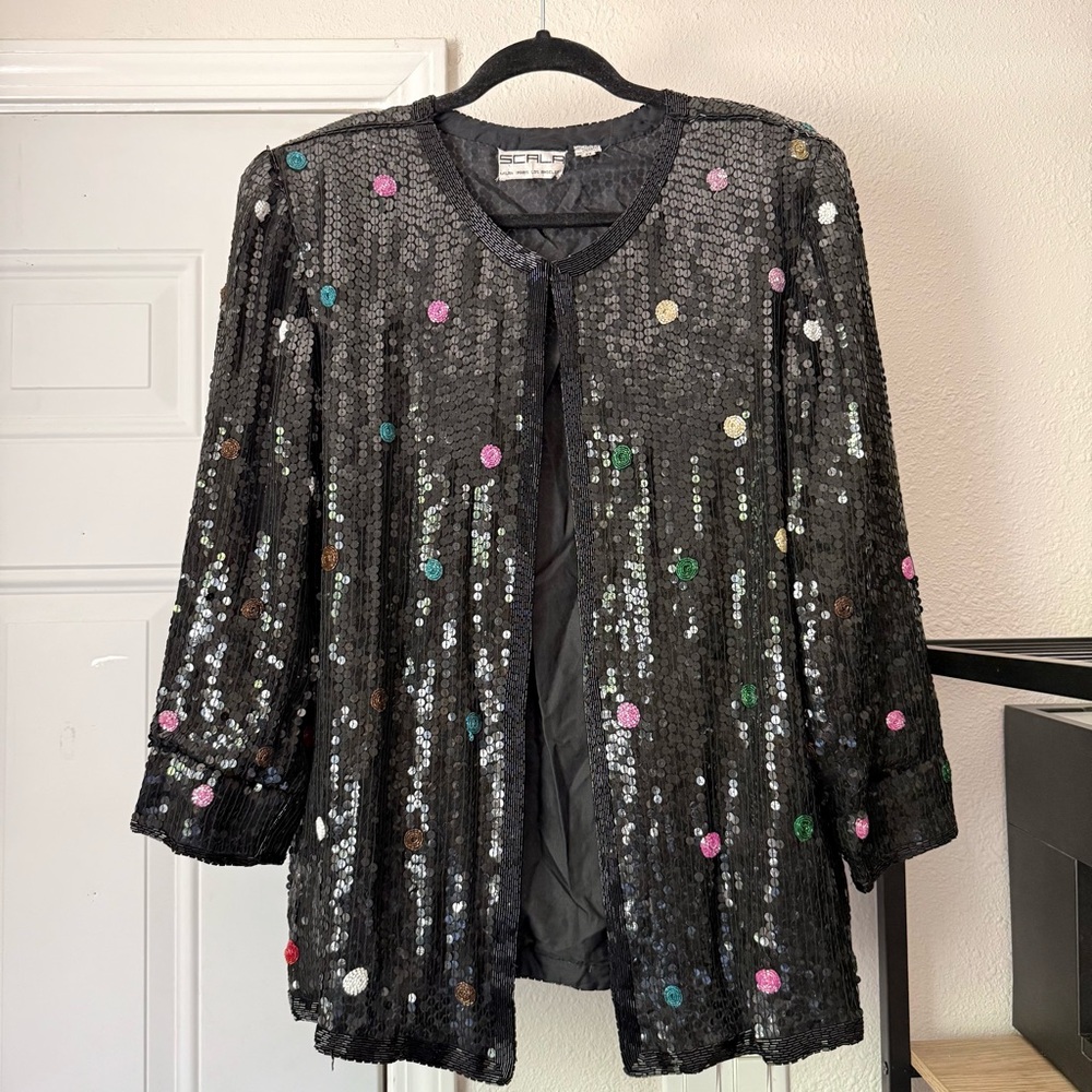 SCALA black sequin multicolor beaded pure silk hook eye buttonless jacket
